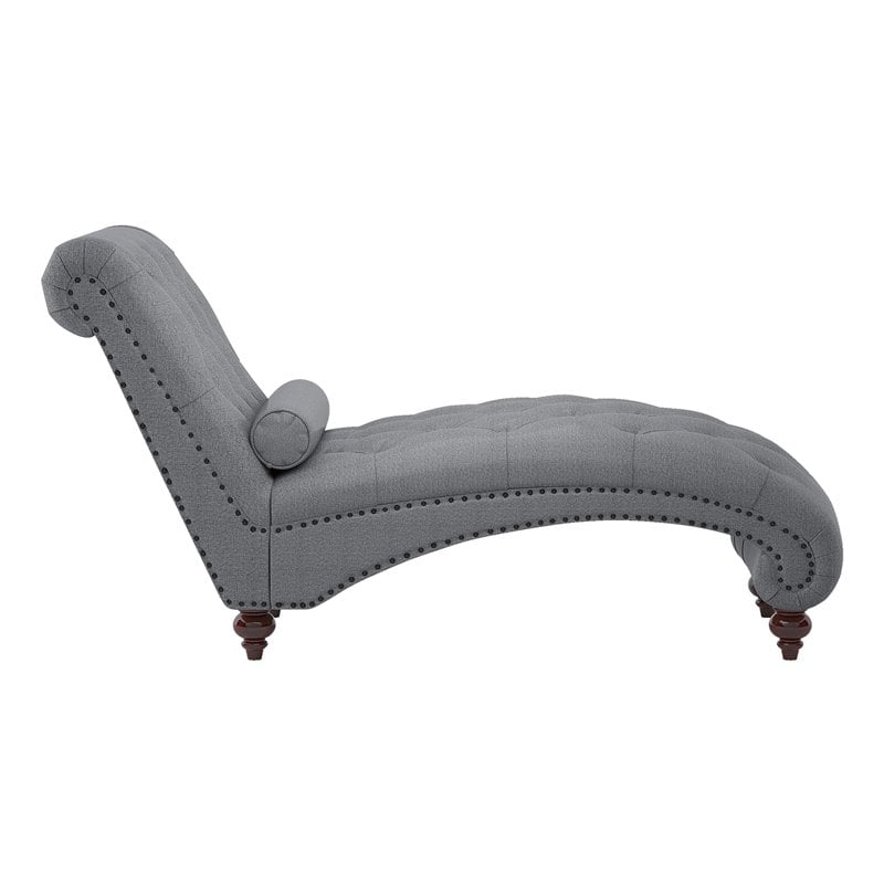 Pemberly Row Tufted Fabric Chaise Lounge with Bolster Pillow in Dark Gray