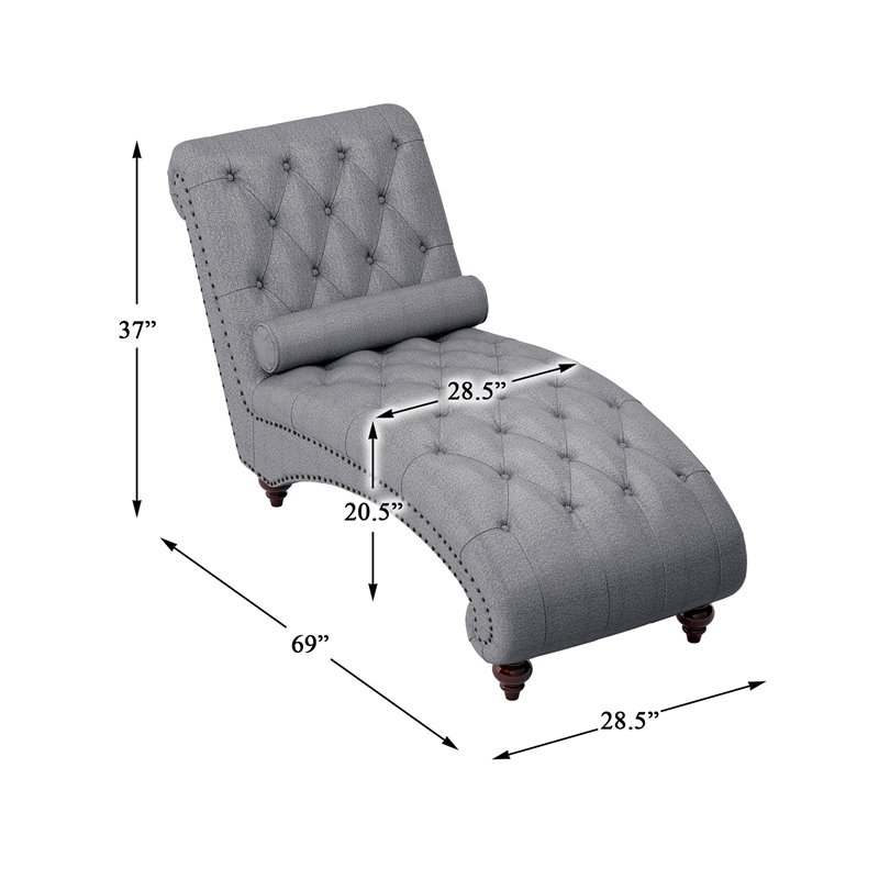 Pemberly Row Tufted Fabric Chaise Lounge with Bolster Pillow in Dark Gray
