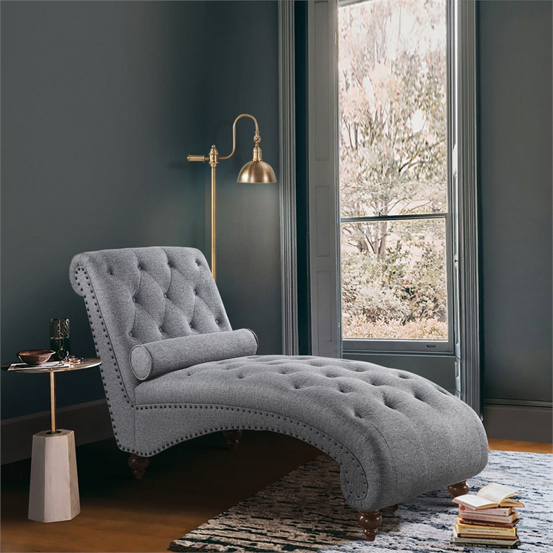 Pemberly Row Tufted Fabric Chaise Lounge with Bolster Pillow in Dark Gray