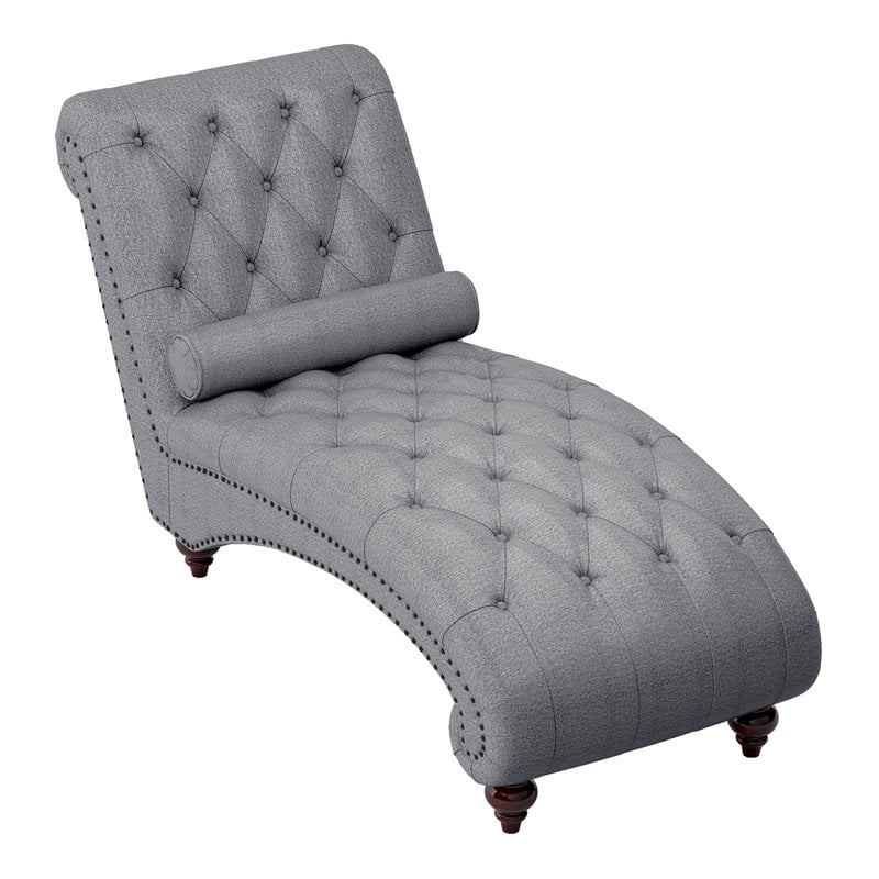 Pemberly Row Tufted Fabric Chaise Lounge with Bolster Pillow in Dark Gray
