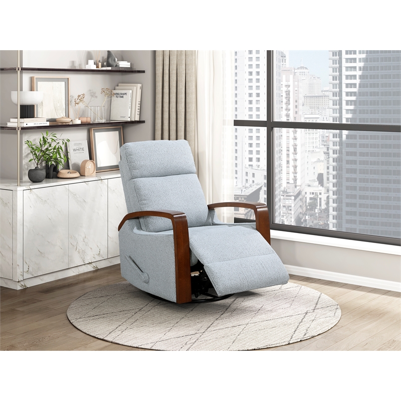 Pemberly Row Boucle Swivel Glider Reclining Chair with Wood Arms in Gray
