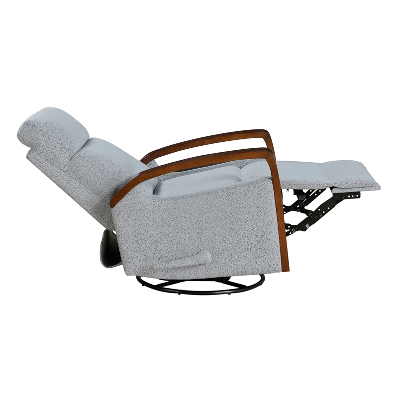 Pemberly Row Boucle Swivel Glider Reclining Chair with Wood Arms in Gray