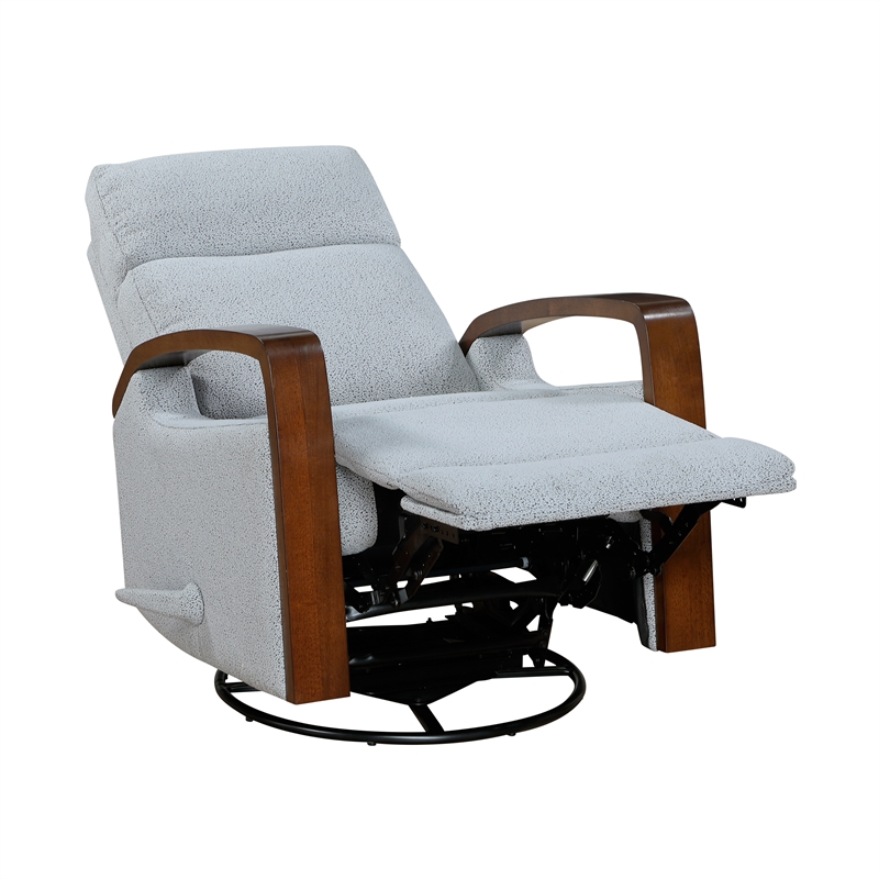 Pemberly Row Boucle Swivel Glider Reclining Chair with Wood Arms in Gray