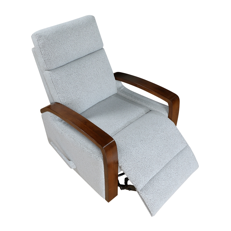 Pemberly Row Boucle Swivel Glider Reclining Chair with Wood Arms in Gray