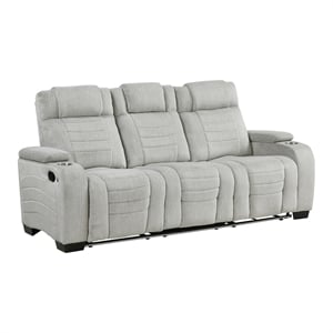 Pemberly Row Double Reclining Sofa with LED Drop-Down Table in Light Gray