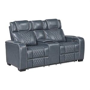Pemberly Row Top-Grain Leather Power Reclining Loveseat with Console in Blue