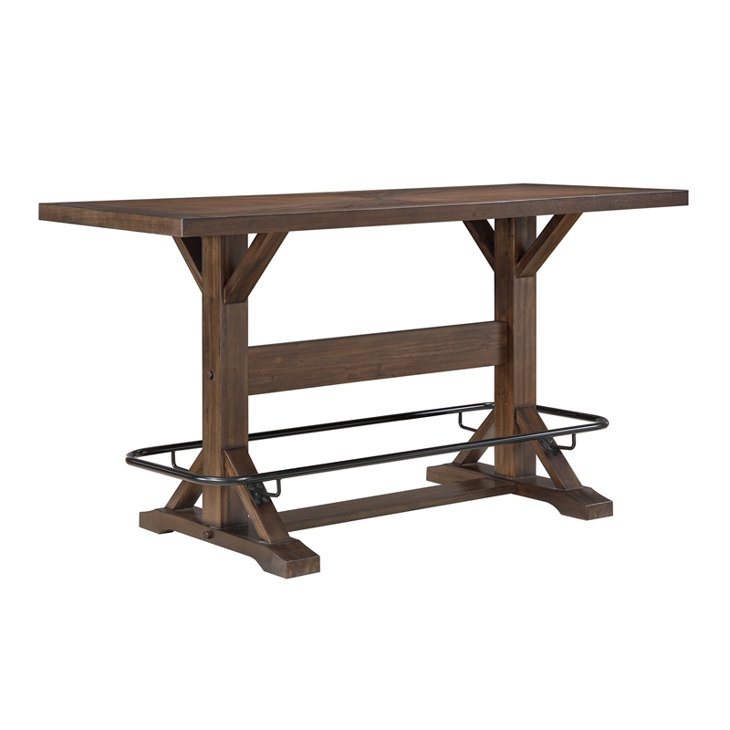 Pemberly Row Acacia Wood 5-Pc Pub Height Dining Set with Saddle Stools in Brown