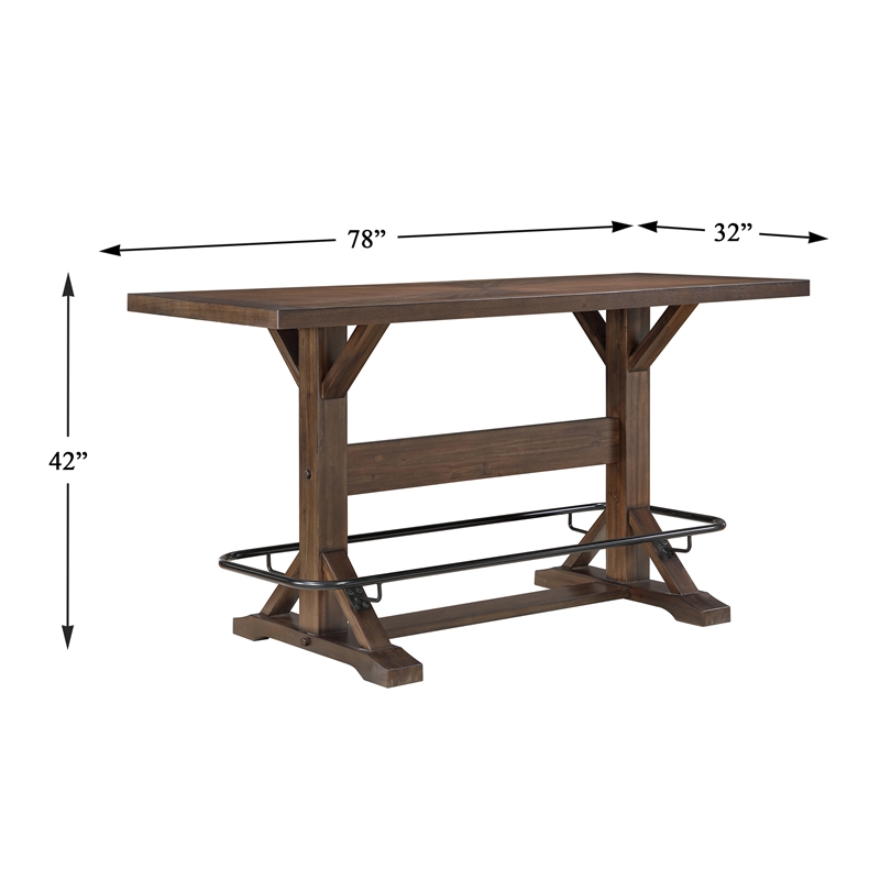 Pemberly Row Acacia Wood 5-Pc Pub Height Dining Set with Saddle Stools in Brown