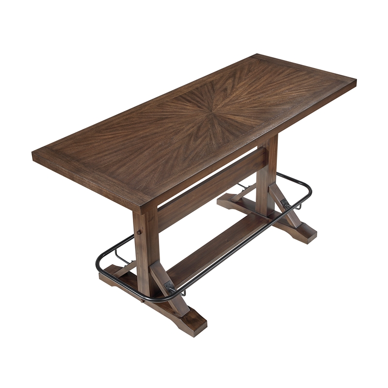 Pemberly Row Acacia Wood 5-Pc Pub Height Dining Set with Saddle Stools in Brown