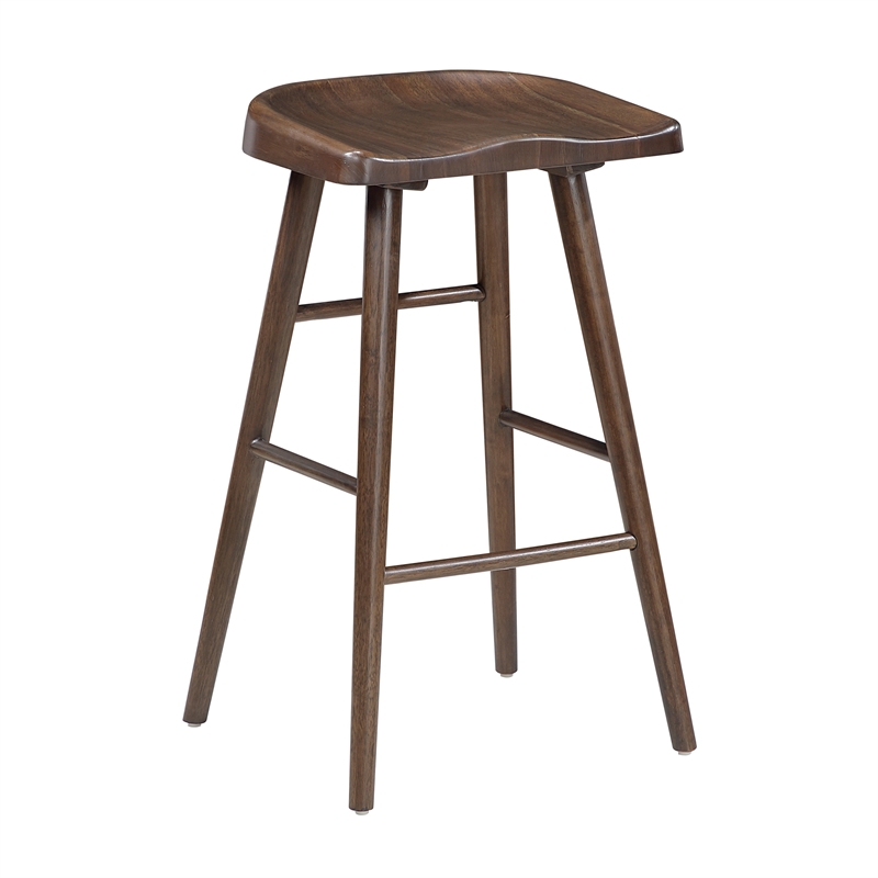 Pemberly Row Acacia Wood 5-Pc Pub Height Dining Set with Saddle Stools in Brown