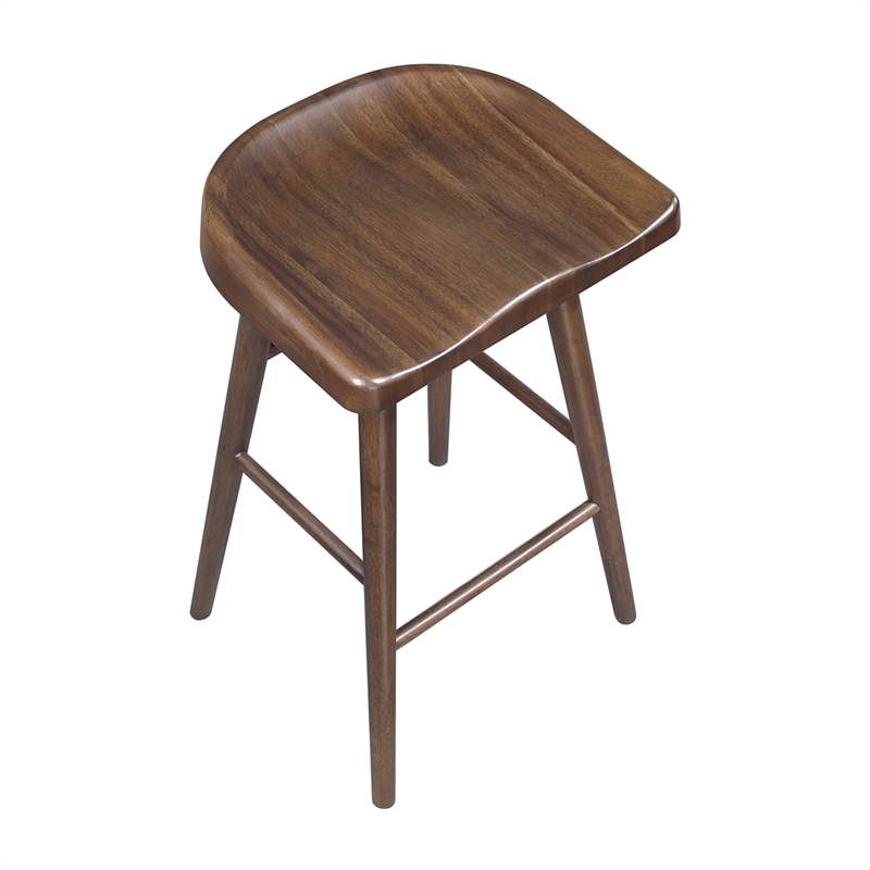Pemberly Row Acacia Wood 5-Pc Pub Height Dining Set with Saddle Stools in Brown