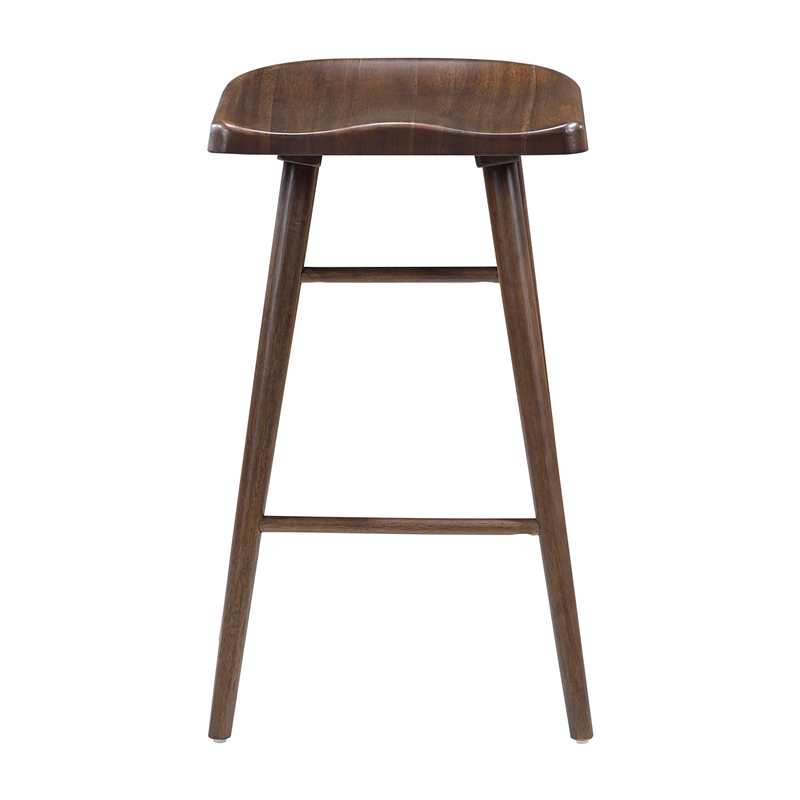 Pemberly Row Acacia Wood 5-Pc Pub Height Dining Set with Saddle Stools in Brown