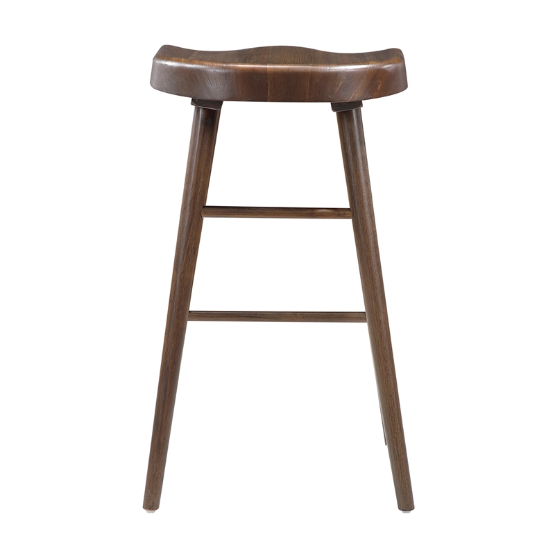 Pemberly Row Acacia Wood 5-Pc Pub Height Dining Set with Saddle Stools in Brown