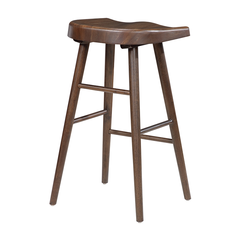 Pemberly Row Acacia Wood 5-Pc Pub Height Dining Set with Saddle Stools in Brown