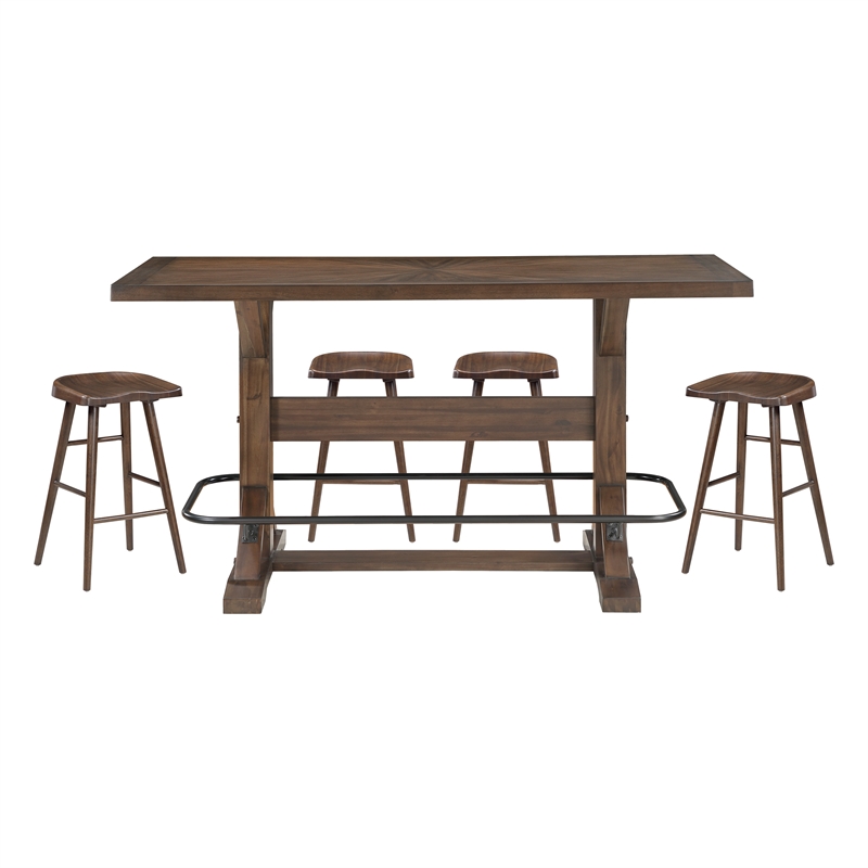 Pemberly Row Acacia Wood 5-Pc Pub Height Dining Set with Saddle Stools in Brown