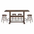 Pemberly Row Acacia Wood 5-Pc Pub Height Dining Set with Saddle Stools in Brown