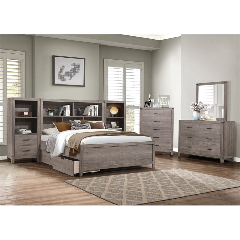 Pemberly Row Queen Platform Bed with Bookcase Headboard and USB in Brownish Gray