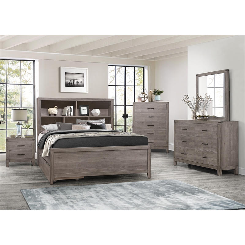 Pemberly Row Queen Platform Bed with Bookcase Headboard and USB in Brownish Gray