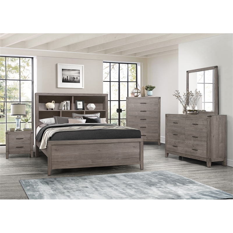 Pemberly Row Queen Platform Bed with Bookcase Headboard and USB in Brownish Gray