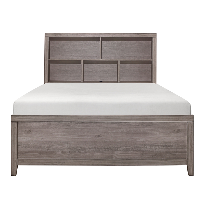 Pemberly Row Queen Platform Bed with Bookcase Headboard and USB in Brownish Gray