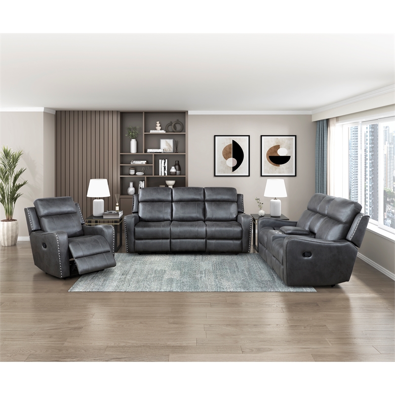 Pemberly Row Polished Microfiber Recliner with Nailhead Trim in Smoky Gray