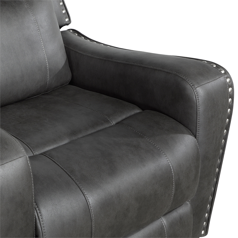 Pemberly Row Polished Microfiber Recliner with Nailhead Trim in Smoky Gray