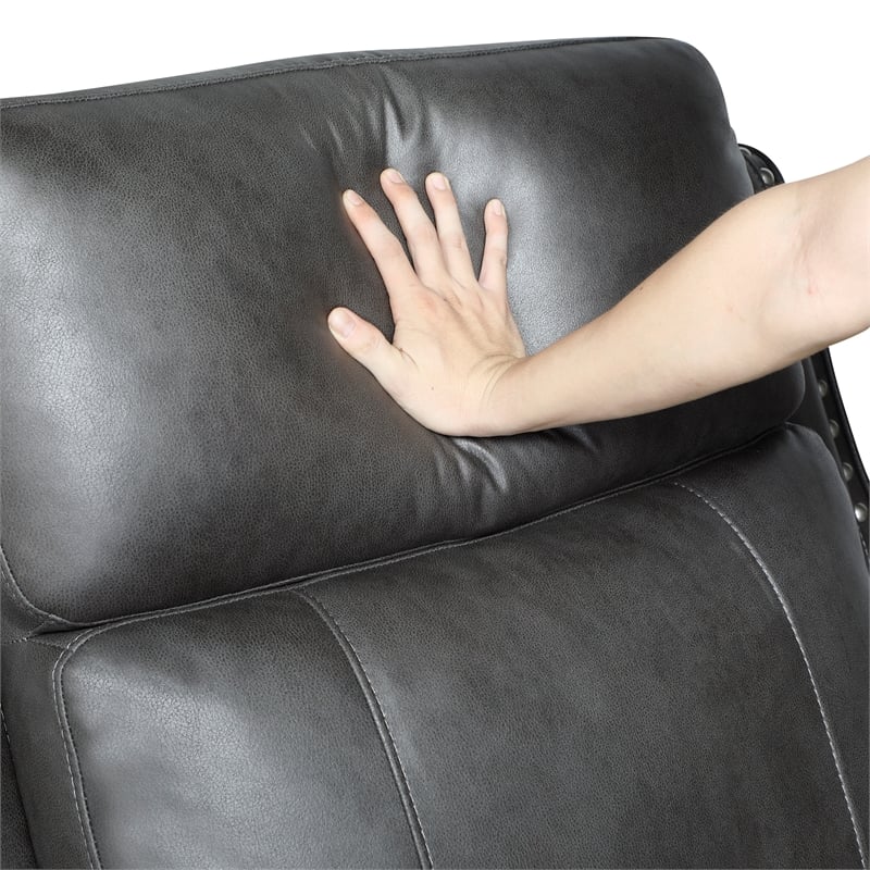 Pemberly Row Polished Microfiber Recliner with Nailhead Trim in Smoky Gray