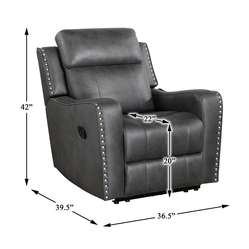 Pemberly Row Polished Microfiber Recliner with Nailhead Trim in Smoky Gray