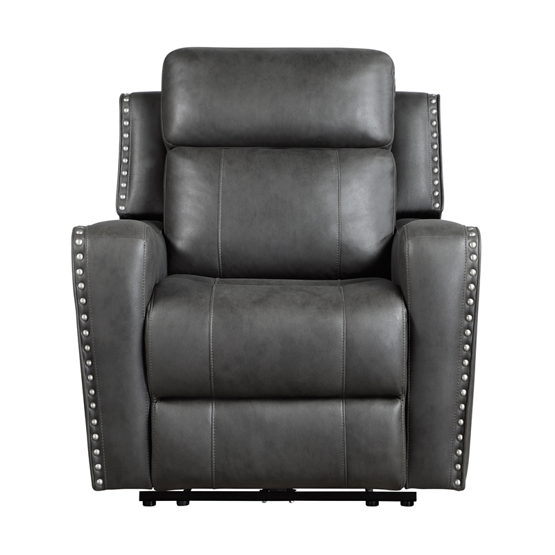 Pemberly Row Polished Microfiber Recliner with Nailhead Trim in Smoky Gray