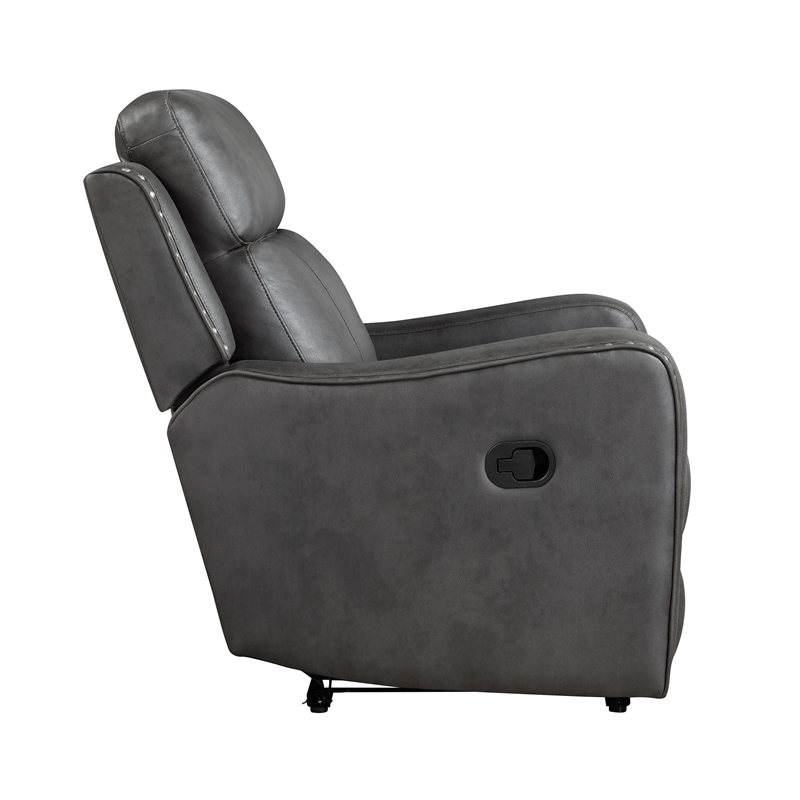 Pemberly Row Polished Microfiber Recliner with Nailhead Trim in Smoky Gray