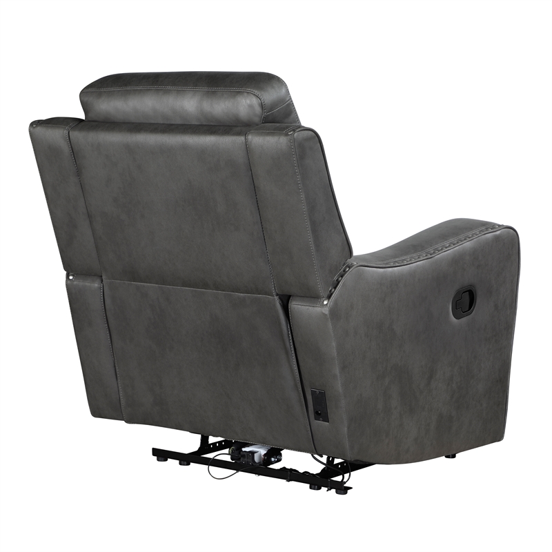 Pemberly Row Polished Microfiber Recliner with Nailhead Trim in Smoky Gray