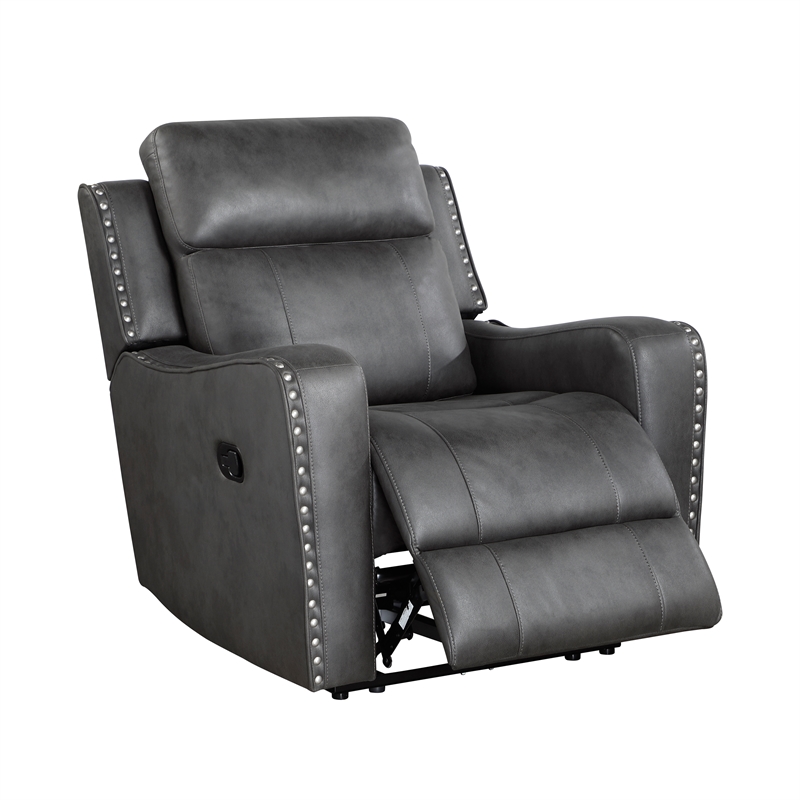 Pemberly Row Polished Microfiber Recliner with Nailhead Trim in Smoky Gray