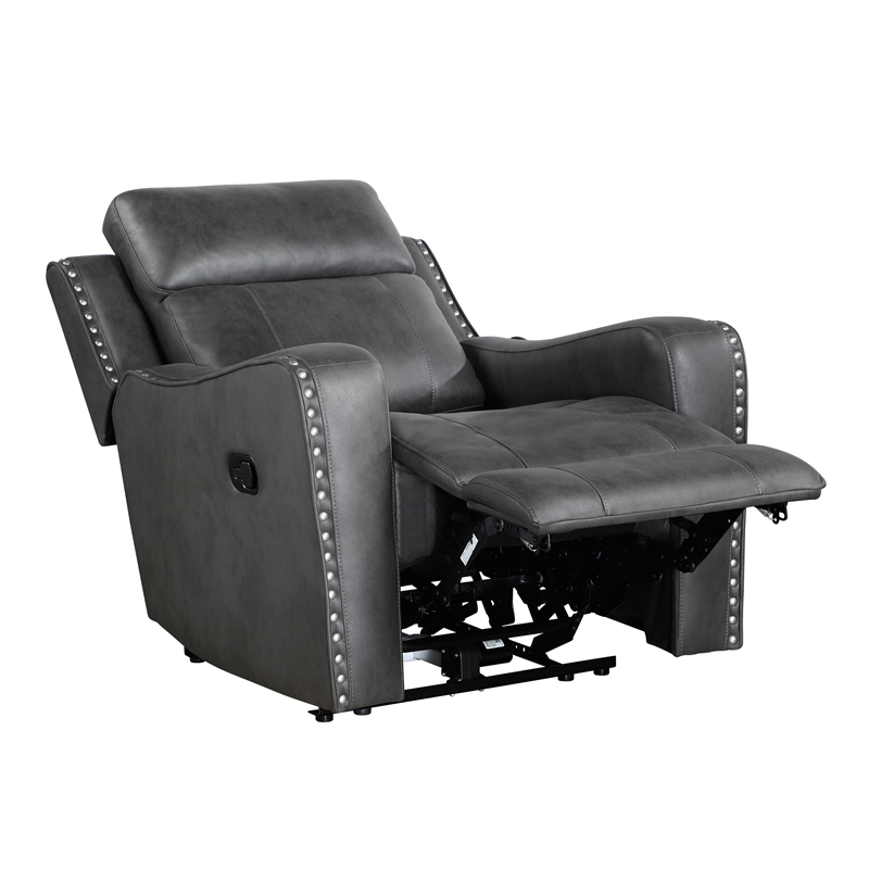 Pemberly Row Polished Microfiber Recliner with Nailhead Trim in Smoky Gray