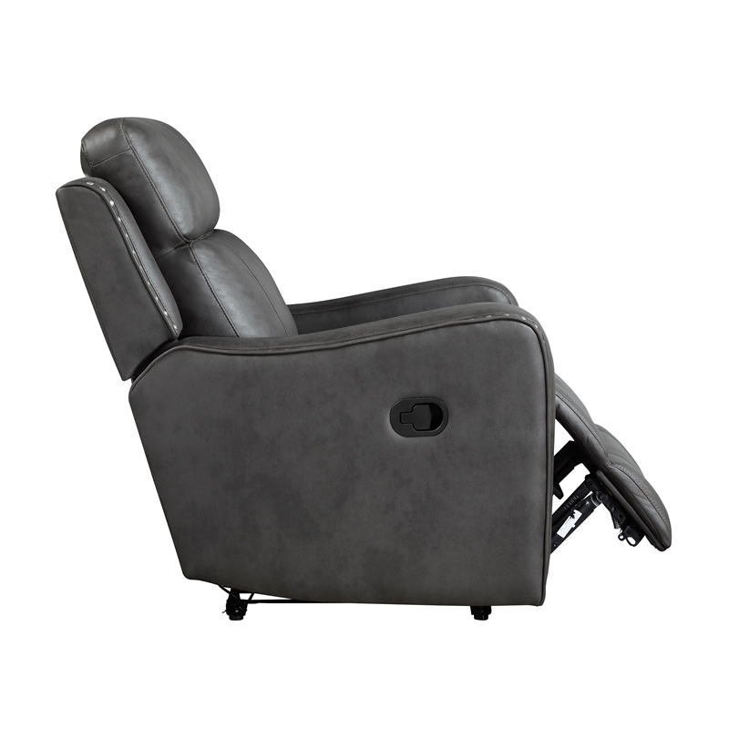 Pemberly Row Polished Microfiber Recliner with Nailhead Trim in Smoky Gray