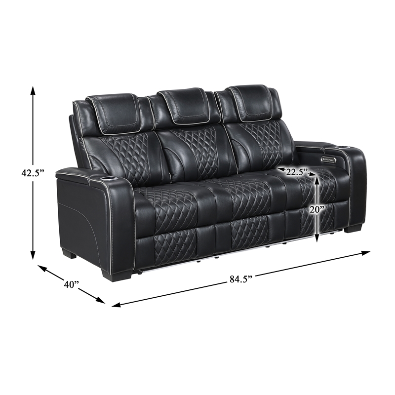 Pemberly Row Top-Grain Leather 3-Piece Power Reclining Set in Black