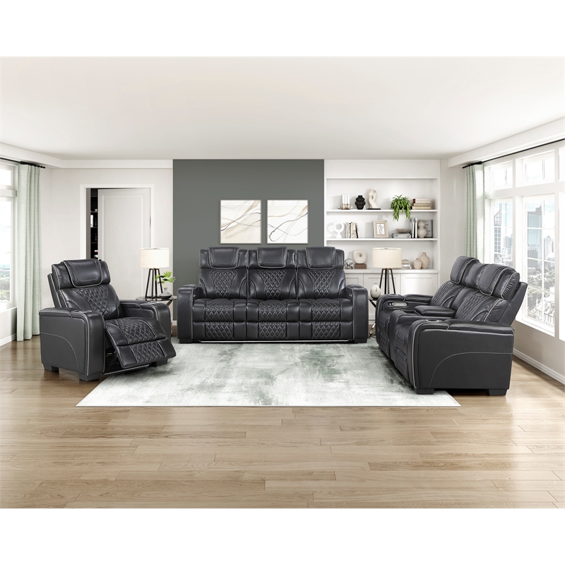 Pemberly Row Top-Grain Leather 3-Piece Power Reclining Set in Black