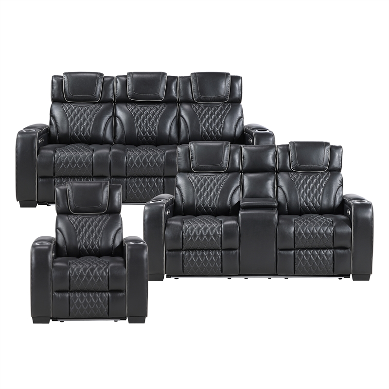 Pemberly Row Top-Grain Leather 3-Piece Power Reclining Set in Black