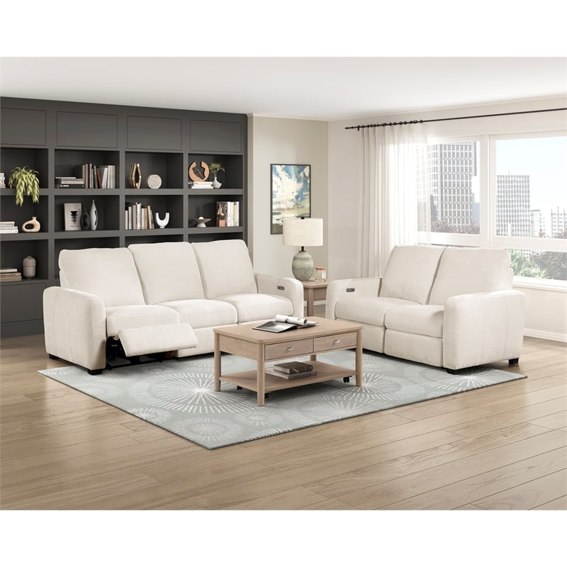 Pemberly Row Chenille Power Double Reclining Loveseat with USB Ports in Beige