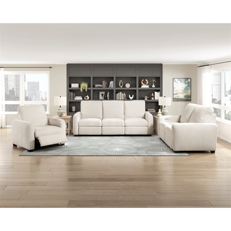 Pemberly Row Chenille Power Double Reclining Loveseat with USB Ports in Beige