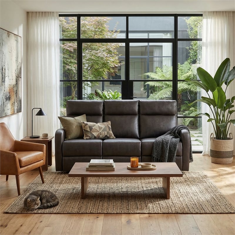 Pemberly Row Faux Leather Wall-Hugger Double Reclining Sofa in Espresso