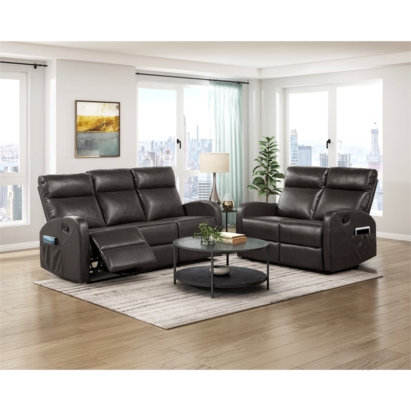 Pemberly Row Faux Leather Wall-Hugger Double Reclining Sofa in Espresso