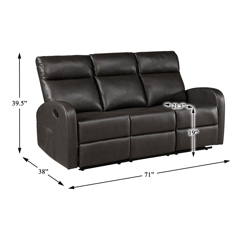 Pemberly Row Faux Leather Wall-Hugger Double Reclining Sofa in Espresso