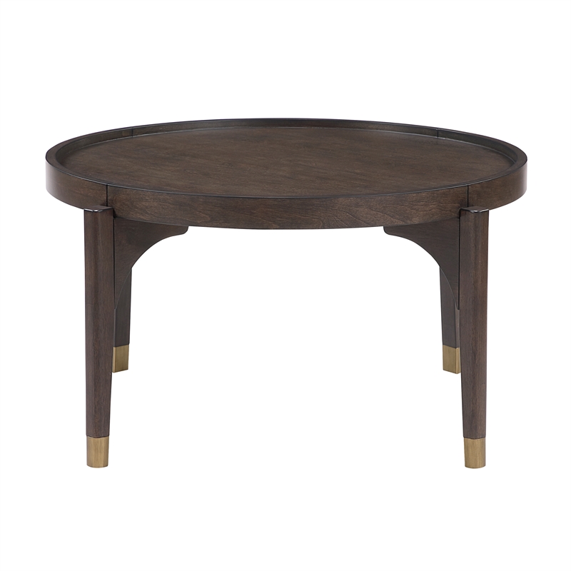 Pemberly Row Round Cocktail Table with Gold-Capped Legs in Dark Brown