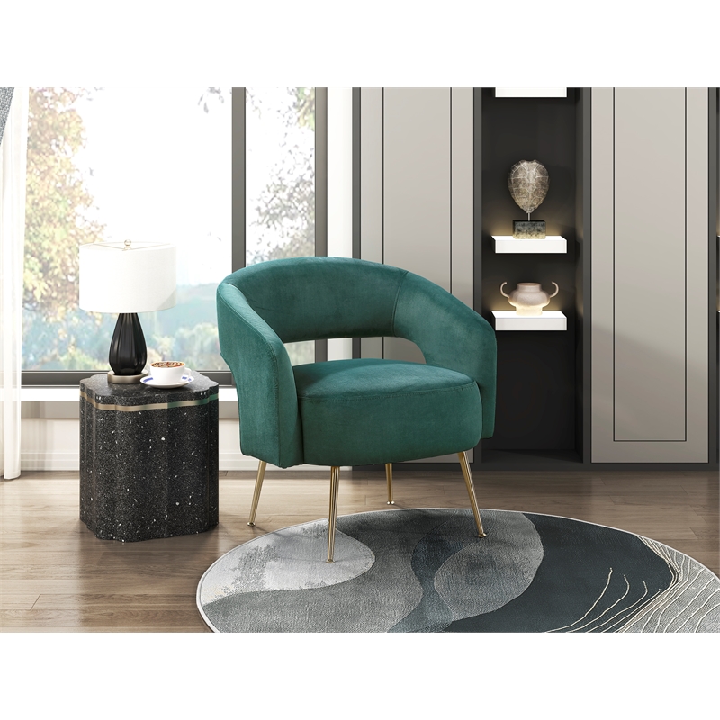 Pemberly Row Velvet Curved Accent Chair with Gold Metal Legs in Dark Green