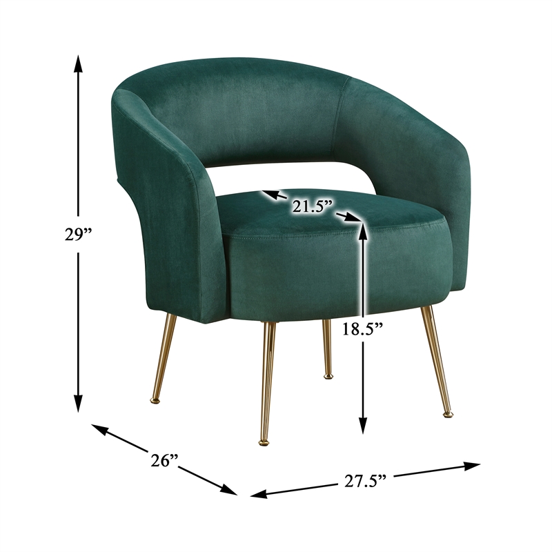 Pemberly Row Velvet Curved Accent Chair with Gold Metal Legs in Dark Green