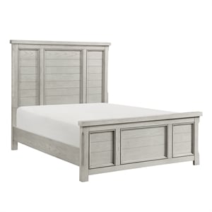 Pemberly Row Oak Veneer Queen Panel Bed with Headboard in Antique White/Gray