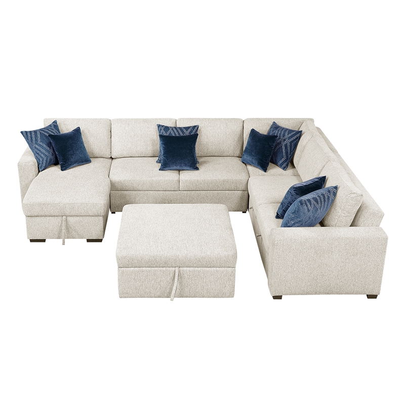 Pemberly Row Microfiber 5-Piece Sectional with Pull-Out Bed and Chaise in Beige