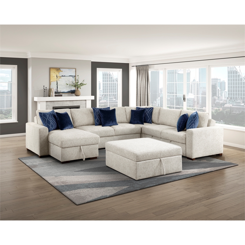 Pemberly Row Microfiber 5-Piece Sectional with Pull-Out Bed and Chaise in Beige
