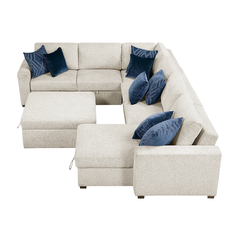 Pemberly Row Microfiber 5-Piece Sectional with Pull-Out Bed and Chaise in Beige