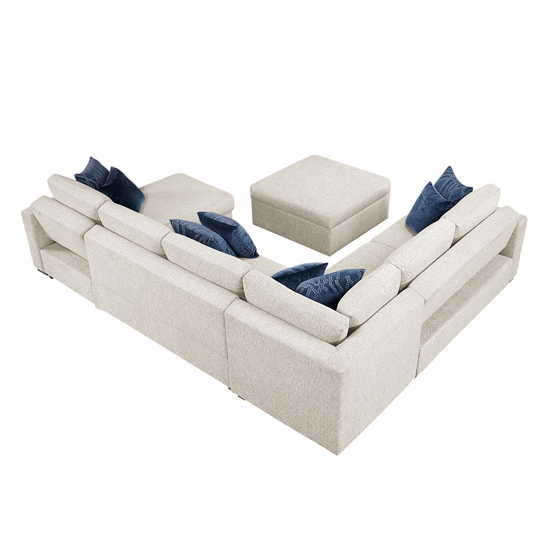 Pemberly Row Microfiber 5-Piece Sectional with Pull-Out Bed and Chaise in Beige